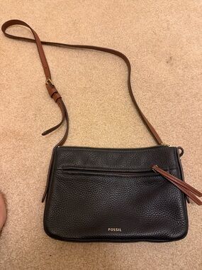 Fossil Black Pebbled Leather Crossbody with Brown Strap